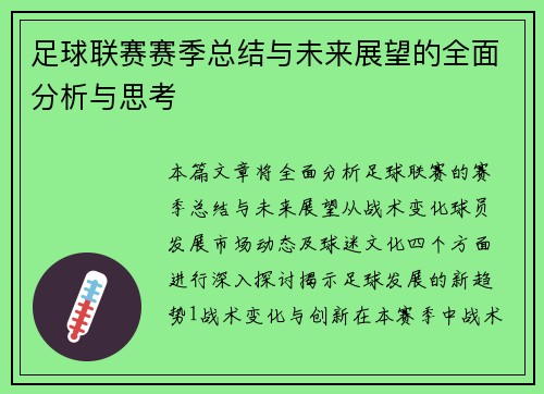 足球联赛赛季总结与未来展望的全面分析与思考